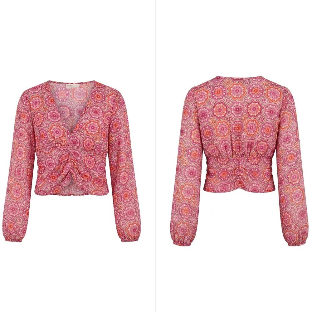 BCBGeneration Pink Mandala Floral Ruched Cropped Blouse Top Women Size XL
